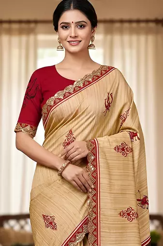 Beige kalamkari print mulmul cotton saree with blouse.