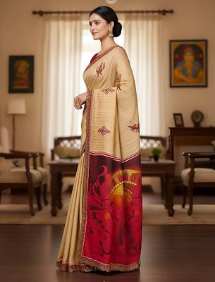 Beige kalamkari print mulmul cotton saree with blouse. 3