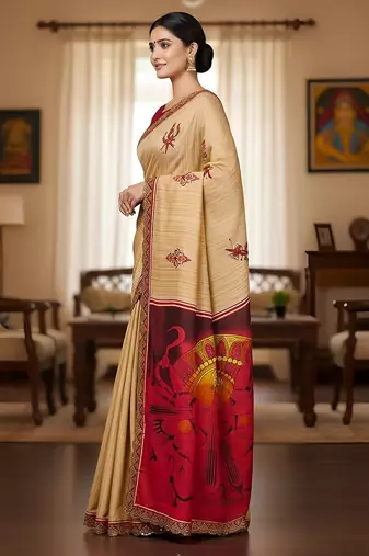 Beige kalamkari print mulmul cotton saree with blouse.