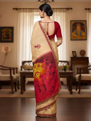 Beige kalamkari print mulmul cotton saree with blouse. 4