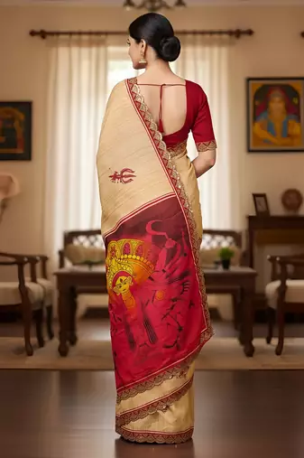 Beige kalamkari print mulmul cotton saree with blouse.