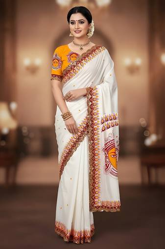 White kalamkari print mulmul cotton saree with blouse.