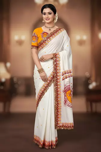 White kalamkari print mulmul cotton saree with blouse.