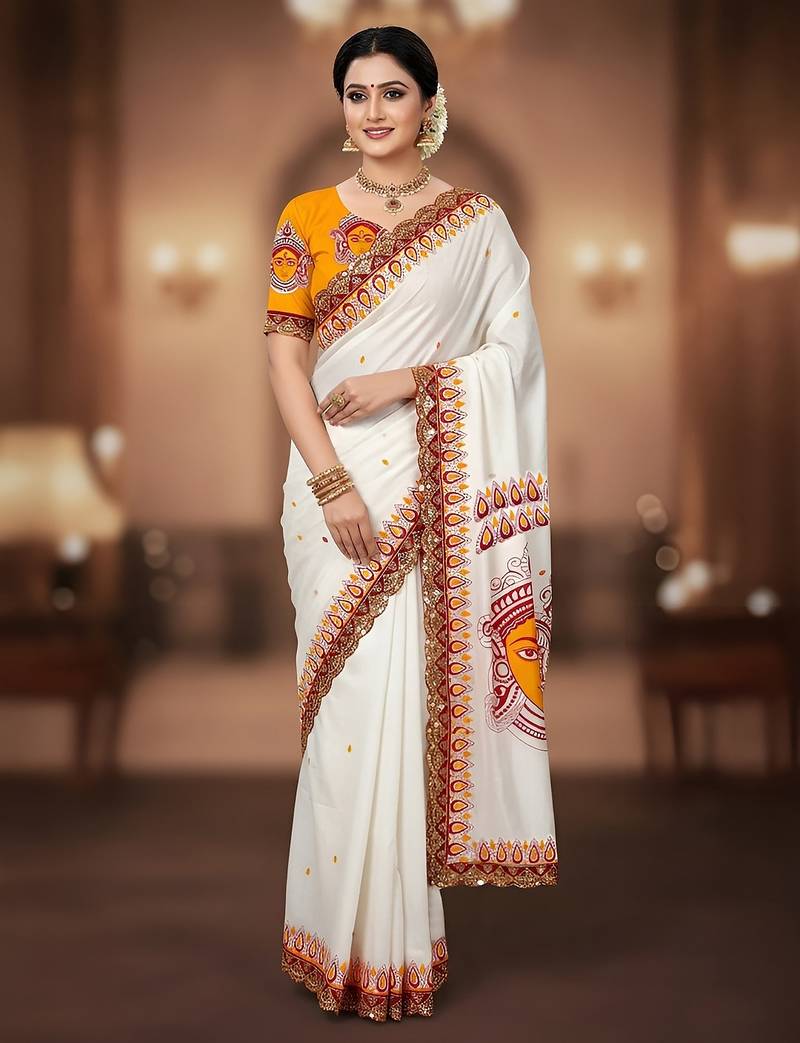 White kalamkari print mulmul cotton saree with blouse.