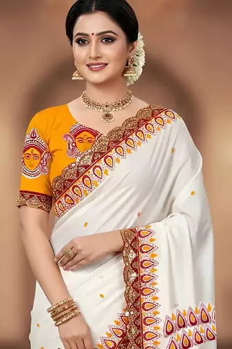 White kalamkari print mulmul cotton saree with blouse.