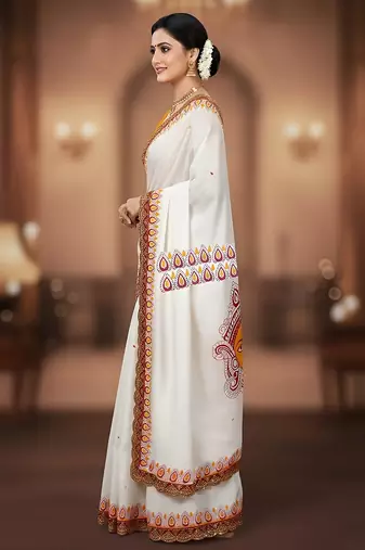 White kalamkari print mulmul cotton saree with blouse.