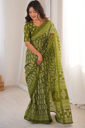 Green blocked printed, paisley soft pure cotton saree with blouse.