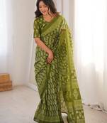 Green blocked printed, paisley soft pure cotton saree with blouse.