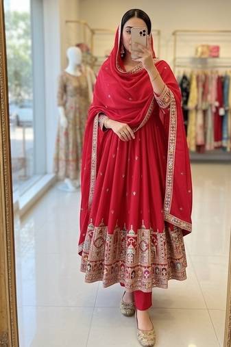 Red chinon silk party wear embroidery anarkali suit set