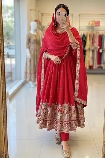 Red chinon silk party wear embroidery anarkali suit set