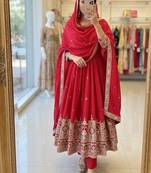 Red chinon silk party wear embroidery anarkali suit set