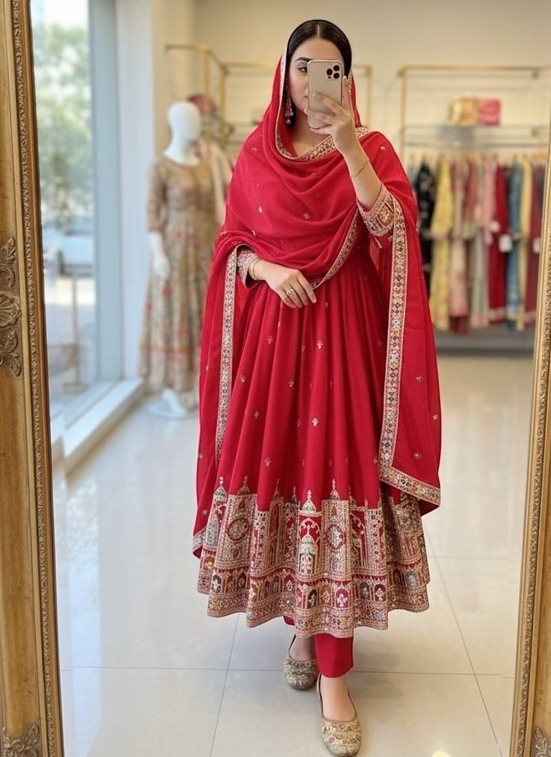 Red chinon silk party wear embroidery anarkali suit set
