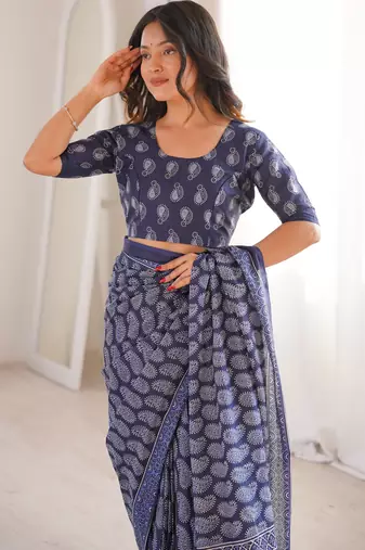Navy blue blocked printed, paisley soft pure cotton saree with blouse.