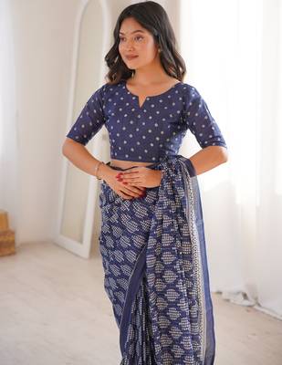 Navy blue blocked printed soft pure cotton saree with blouse. 2