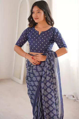 Navy blue blocked printed soft pure cotton saree with blouse.