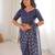Navy blue blocked printed soft pure cotton saree with blouse.