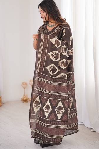 Brown blocked printed, floral print, geometric print soft pure cotton saree with blouse.