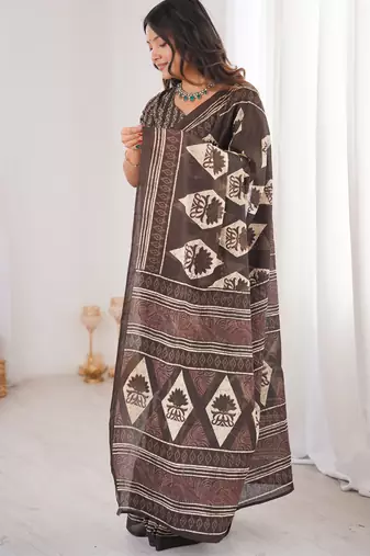 Brown blocked printed, floral print, geometric print soft pure cotton saree with blouse.