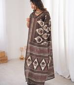 Brown blocked printed, floral print, geometric print soft pure cotton saree with blouse.