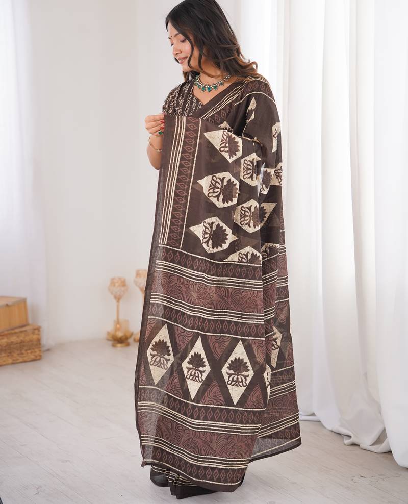 Brown blocked printed, floral print, geometric print soft pure cotton saree with blouse.