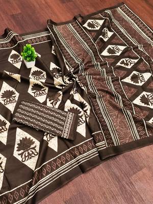 Brown blocked printed, floral print, geometric print soft pure cotton saree with blouse. 4