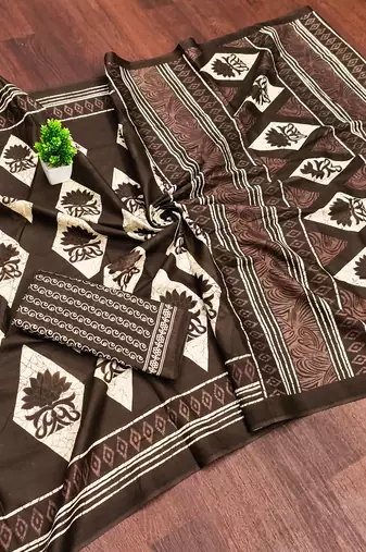 Brown blocked printed, floral print, geometric print soft pure cotton saree with blouse.