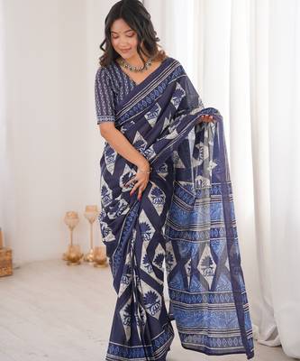 Navy blue blocked printed, floral print, geometric print soft pure cotton saree with blouse. 1