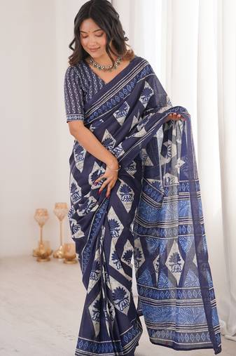 Navy blue blocked printed, floral print, geometric print soft pure cotton saree with blouse.