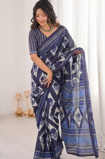 Navy blue blocked printed, floral print, geometric print soft pure cotton saree with blouse.