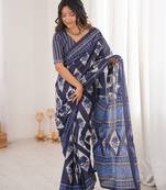 Navy blue blocked printed, floral print, geometric print soft pure cotton saree with blouse.