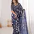 Navy blue blocked printed, floral print, geometric print soft pure cotton saree with blouse.