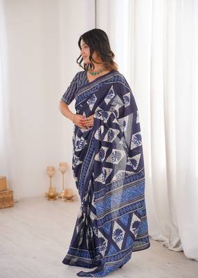 Navy blue blocked printed, floral print, geometric print soft pure cotton saree with blouse. 3