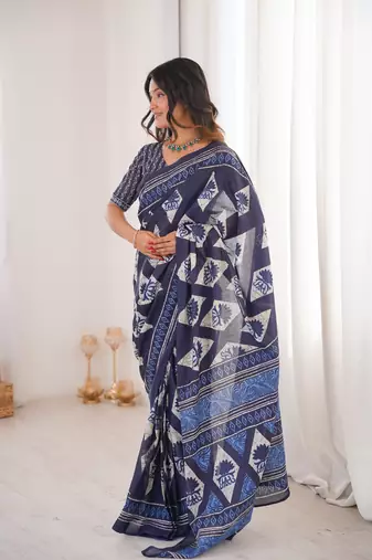 Navy blue blocked printed, floral print, geometric print soft pure cotton saree with blouse.