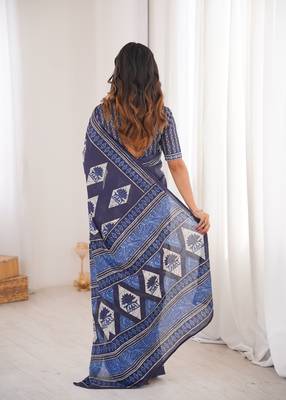 Navy blue blocked printed, floral print, geometric print soft pure cotton saree with blouse. 4