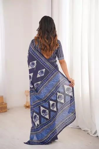 Navy blue blocked printed, floral print, geometric print soft pure cotton saree with blouse.