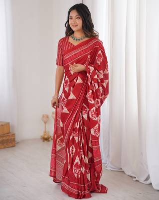 Red blocked printed, floral print, geometric print soft pure cotton saree with blouse. 1