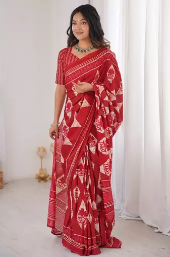 Red blocked printed, floral print, geometric print soft pure cotton saree with blouse.