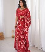 Red blocked printed, floral print, geometric print soft pure cotton saree with blouse.