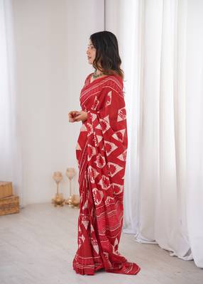 Red blocked printed, floral print, geometric print soft pure cotton saree with blouse. 3
