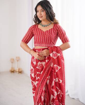 Red blocked printed, floral print, geometric print soft pure cotton saree with blouse. 4