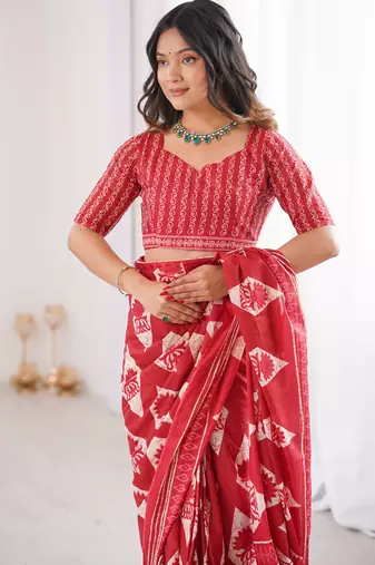 Red blocked printed, floral print, geometric print soft pure cotton saree with blouse.