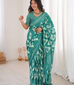 Teal green blocked printed, floral print, geometric print soft pure cotton saree with blouse.