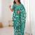 Teal green blocked printed, floral print, geometric print soft pure cotton saree with blouse.