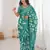 Teal green blocked printed, floral print, geometric print soft pure cotton saree with blouse.