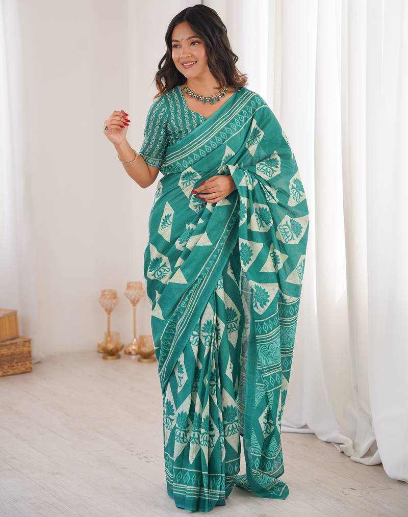 Teal green blocked printed, floral print, geometric print soft pure cotton saree with blouse.