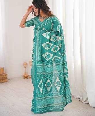 Teal green blocked printed, floral print, geometric print soft pure cotton saree with blouse. 2