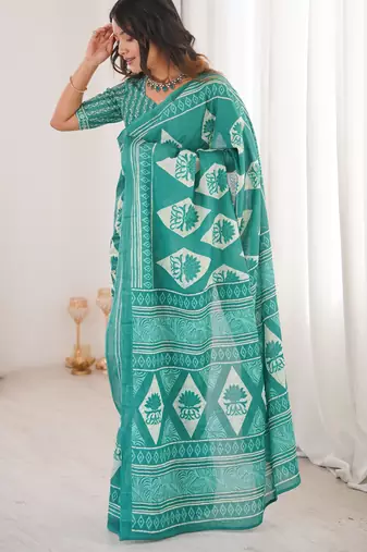 Teal green blocked printed, floral print, geometric print soft pure cotton saree with blouse.