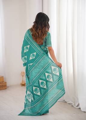 Teal green blocked printed, floral print, geometric print soft pure cotton saree with blouse. 3