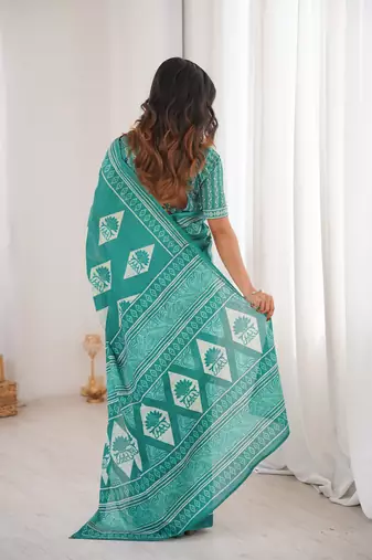 Teal green blocked printed, floral print, geometric print soft pure cotton saree with blouse.
