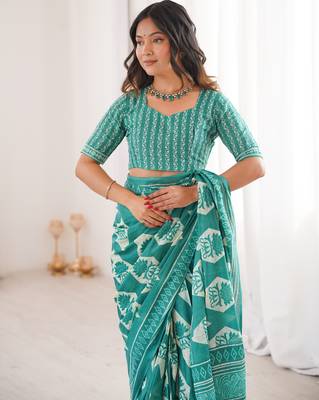 Teal green blocked printed, floral print, geometric print soft pure cotton saree with blouse. 4
